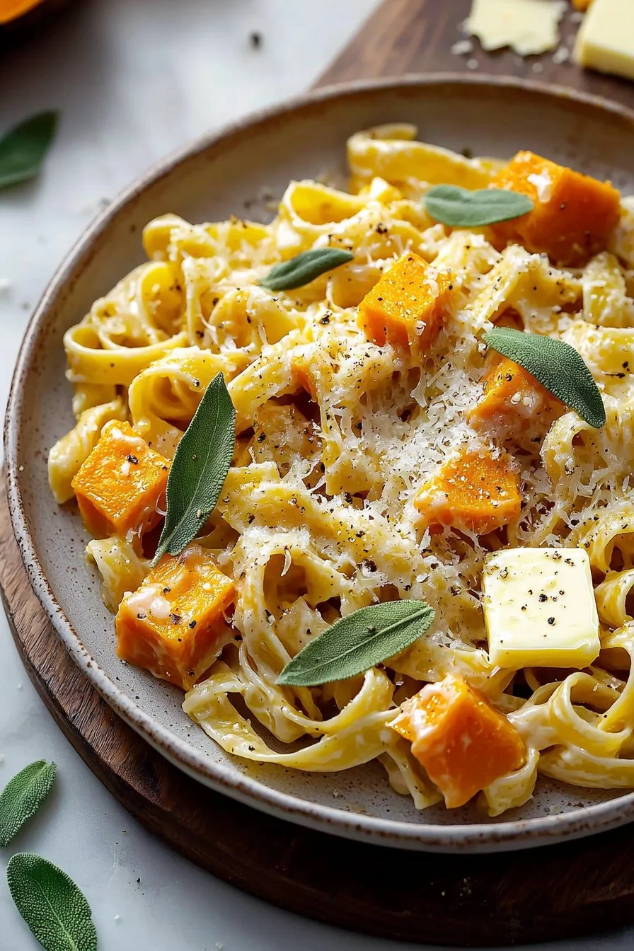 Creamy brown butter sage butternut squash pasta topped with herbs