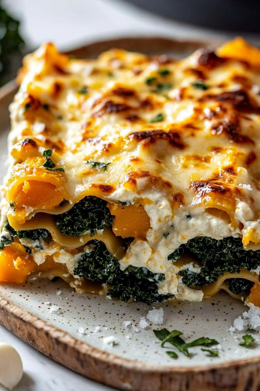 Creamy butternut squash and kale lasagna with béchamel sauce in a baking dish.