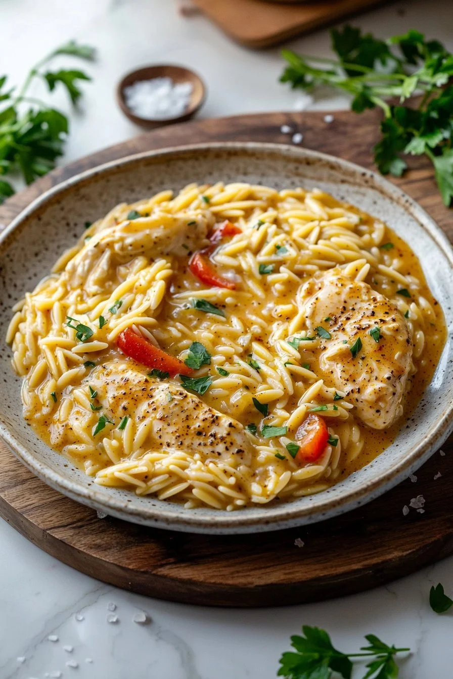 Creamy Cajun chicken served with orzo pasta in a bowl
