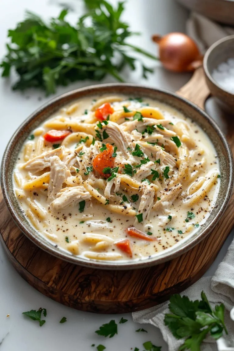 Creamy Cajun Chicken Pasta Soup in a bowl with herbs and spices.
