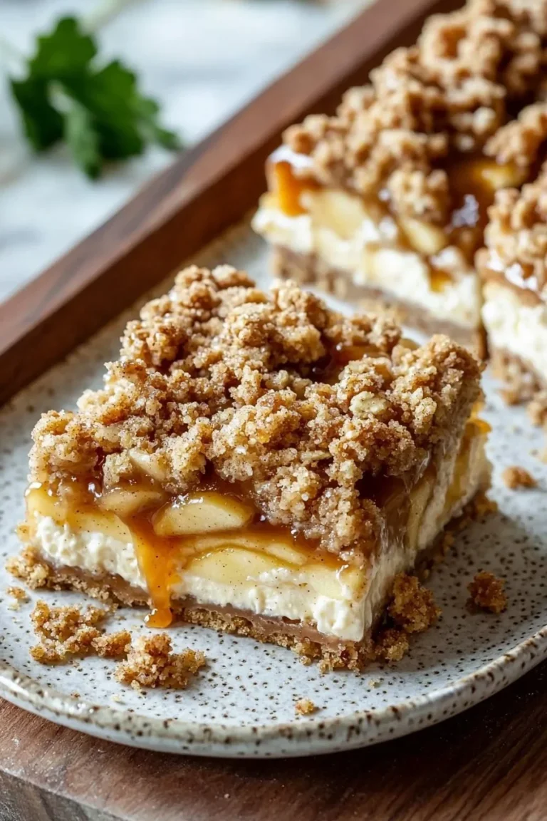 Creamy caramel apple cheesecake bars topped with streusel topping