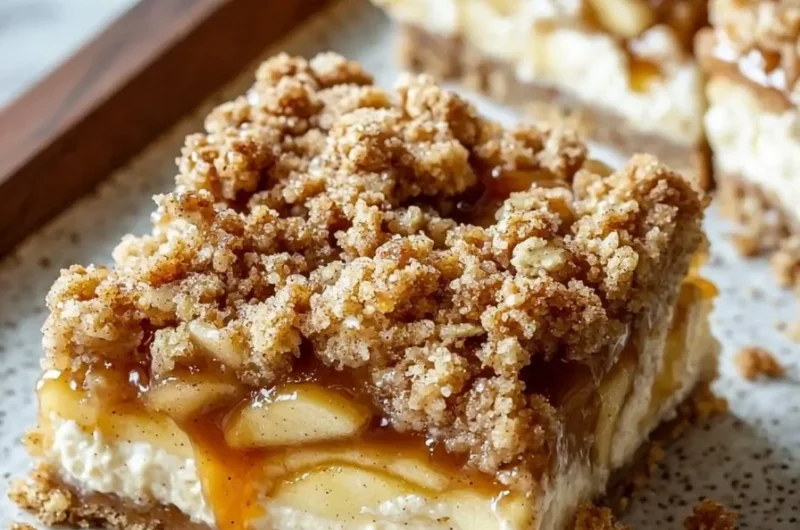 Creamy caramel apple cheesecake bars topped with streusel topping