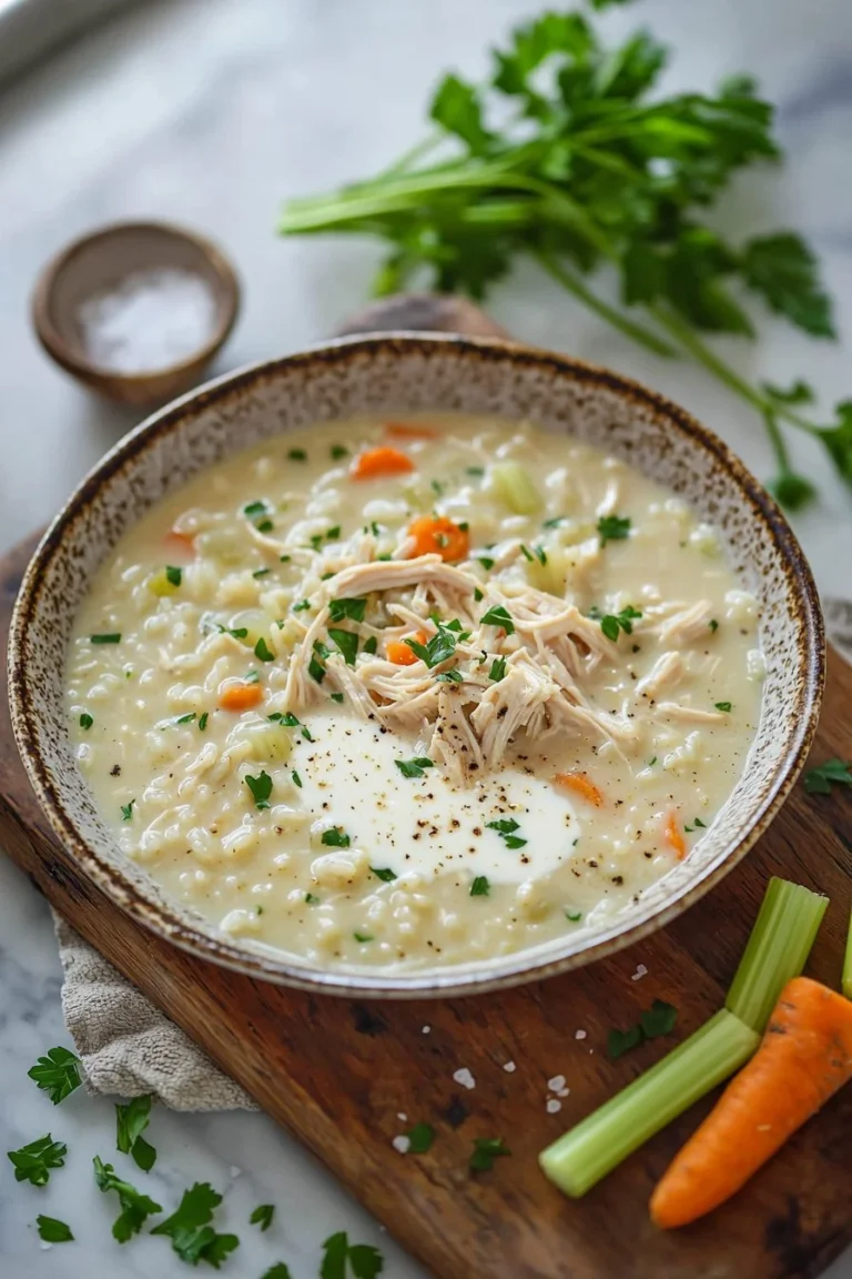 Bowl of creamy chicken rice soup garnished with fresh herbs.