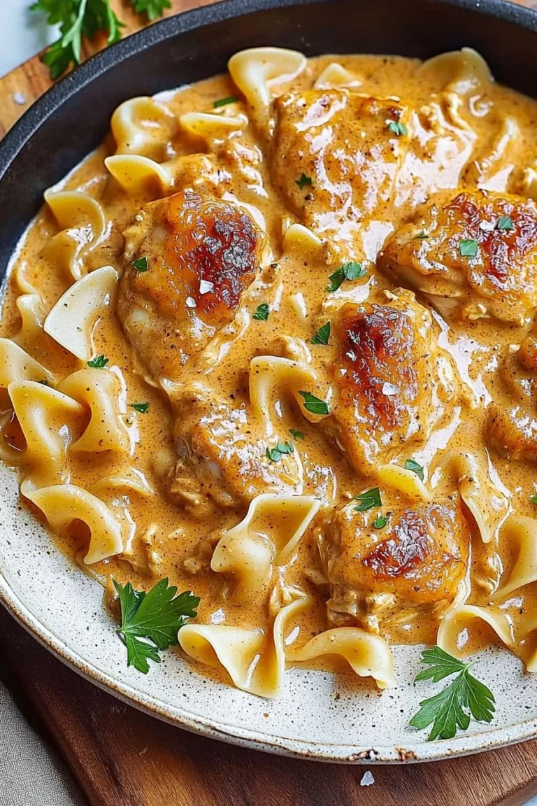 Creamy Chicken Paprikash served with egg noodles in a bowl
