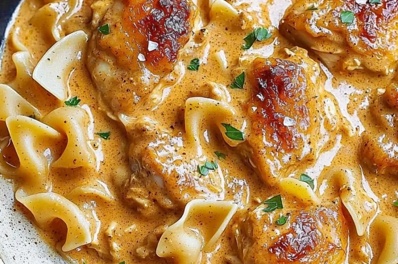 Creamy Chicken Paprikash served with egg noodles in a bowl