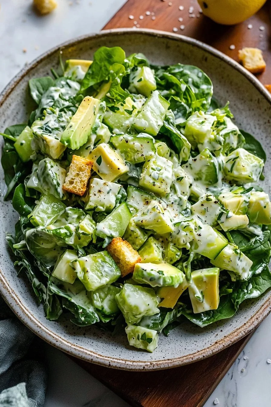 Creamy and crunchy Green Goddess Salad with vibrant greens and dressing