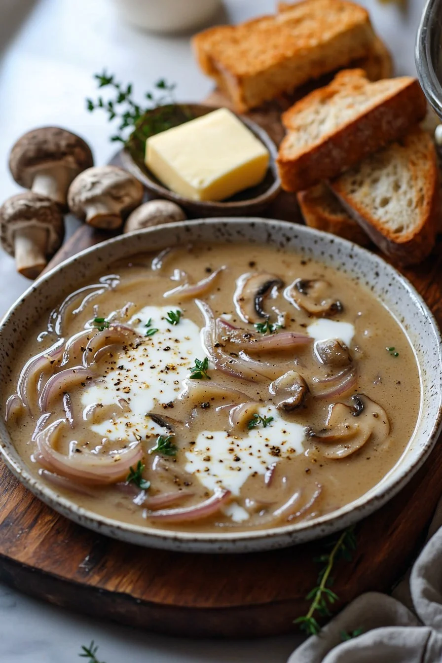 Bowl of creamy French onion and mushroom soup topped with melted cheese.