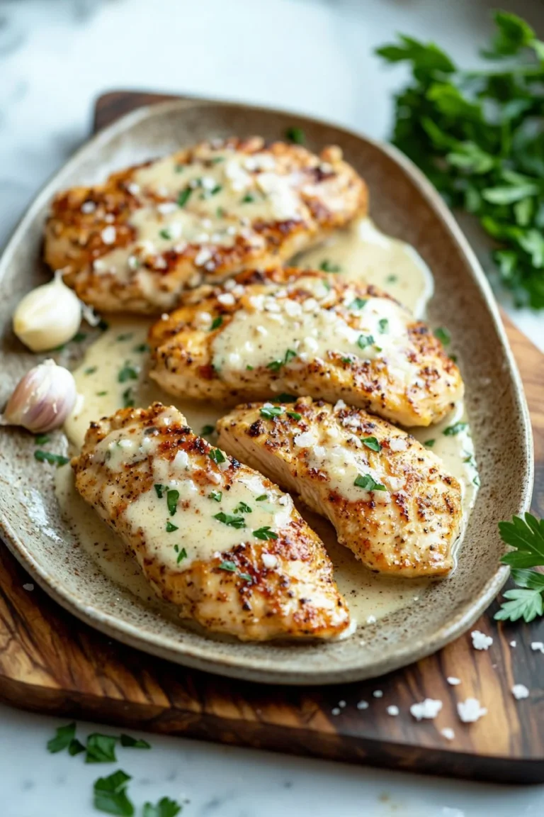 Creamy garlic parmesan chicken served with herbs and vegetables