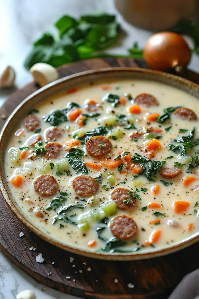 Creamy Italian sausage soup with vegetables and herbs in a bowl