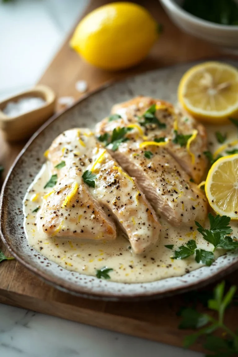 Creamy lemon chicken served with vegetables on a plate