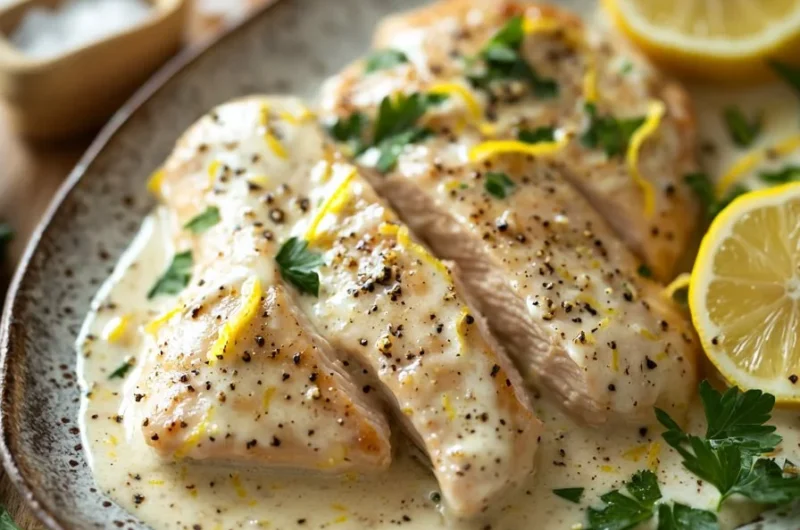 Creamy lemon chicken served with vegetables on a plate