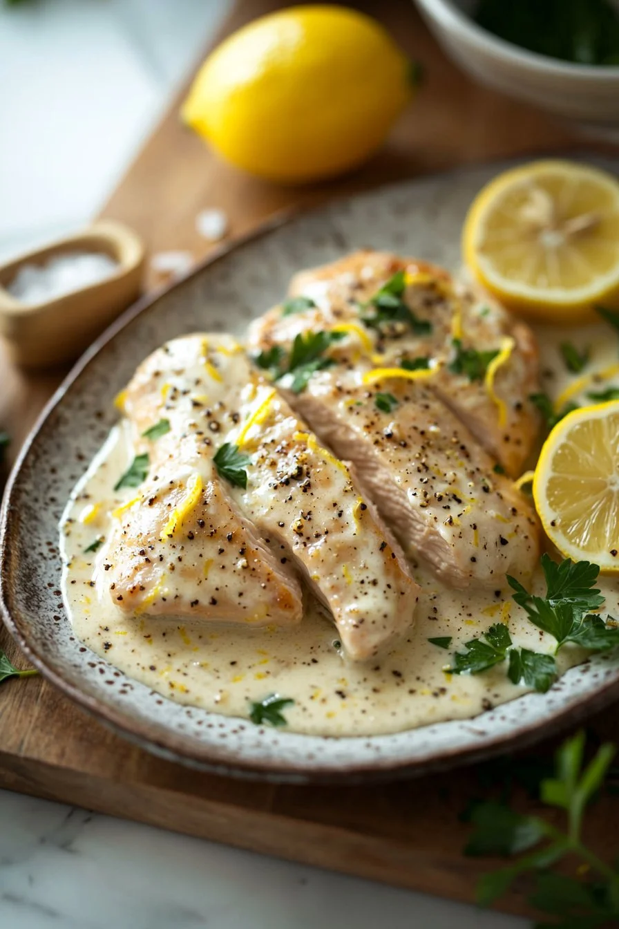 Creamy lemon chicken served with vegetables on a plate