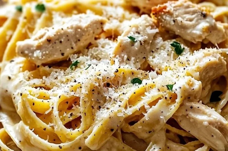 Creamy lemon garlic chicken pasta dish topped with fresh herbs