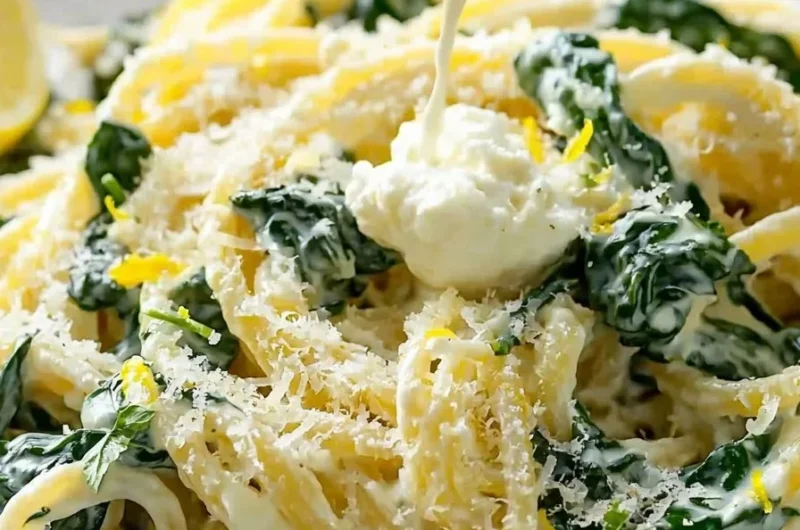 Creamy lemon ricotta pasta with spinach served in a bowl