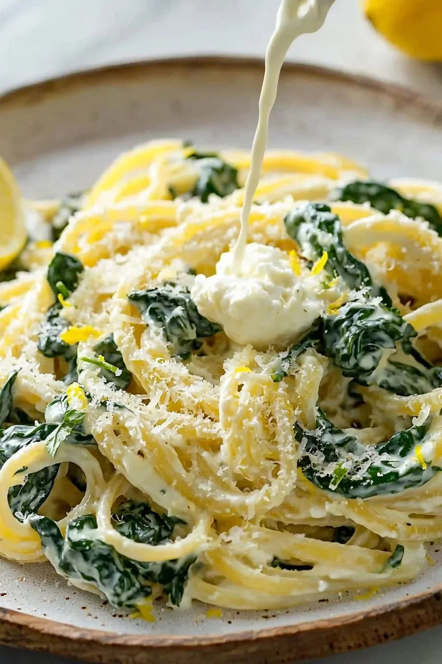 Creamy lemon ricotta pasta with spinach served in a bowl