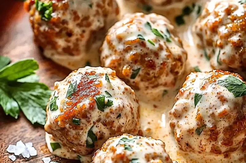 Creamy Marry Me Chicken meatballs served on a plate with herbs.
