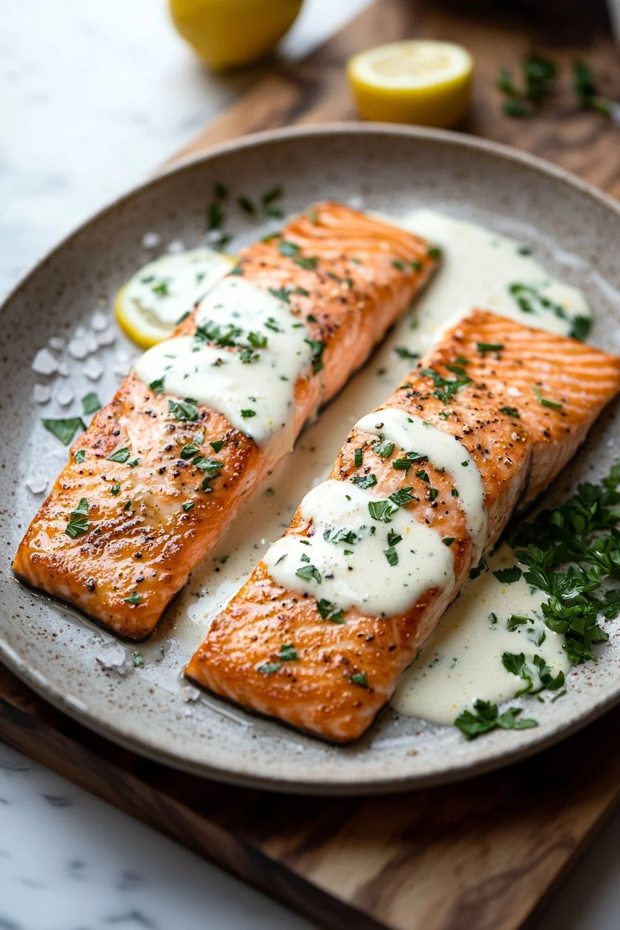 Creamy pan seared salmon with lemon garlic cream sauce on a white plate.