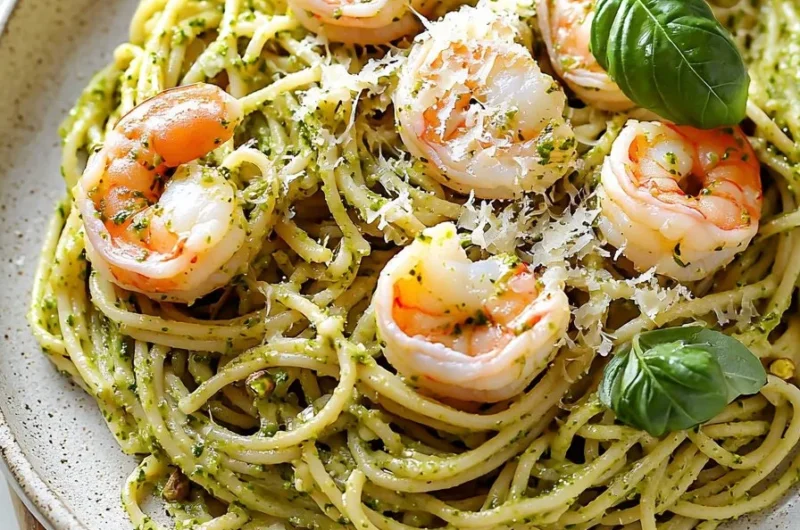 Creamy pistachio pesto pasta topped with shrimp for a delicious meal