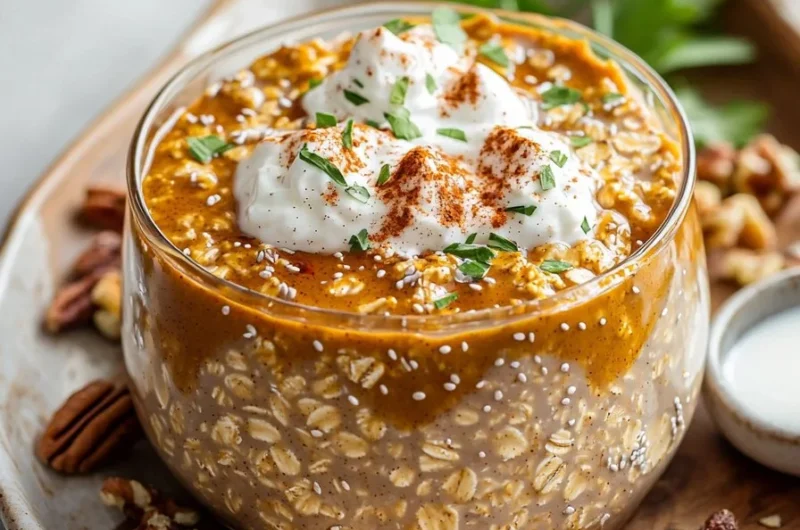 Creamy pumpkin spice overnight oats topped with cinnamon and pumpkin seeds.