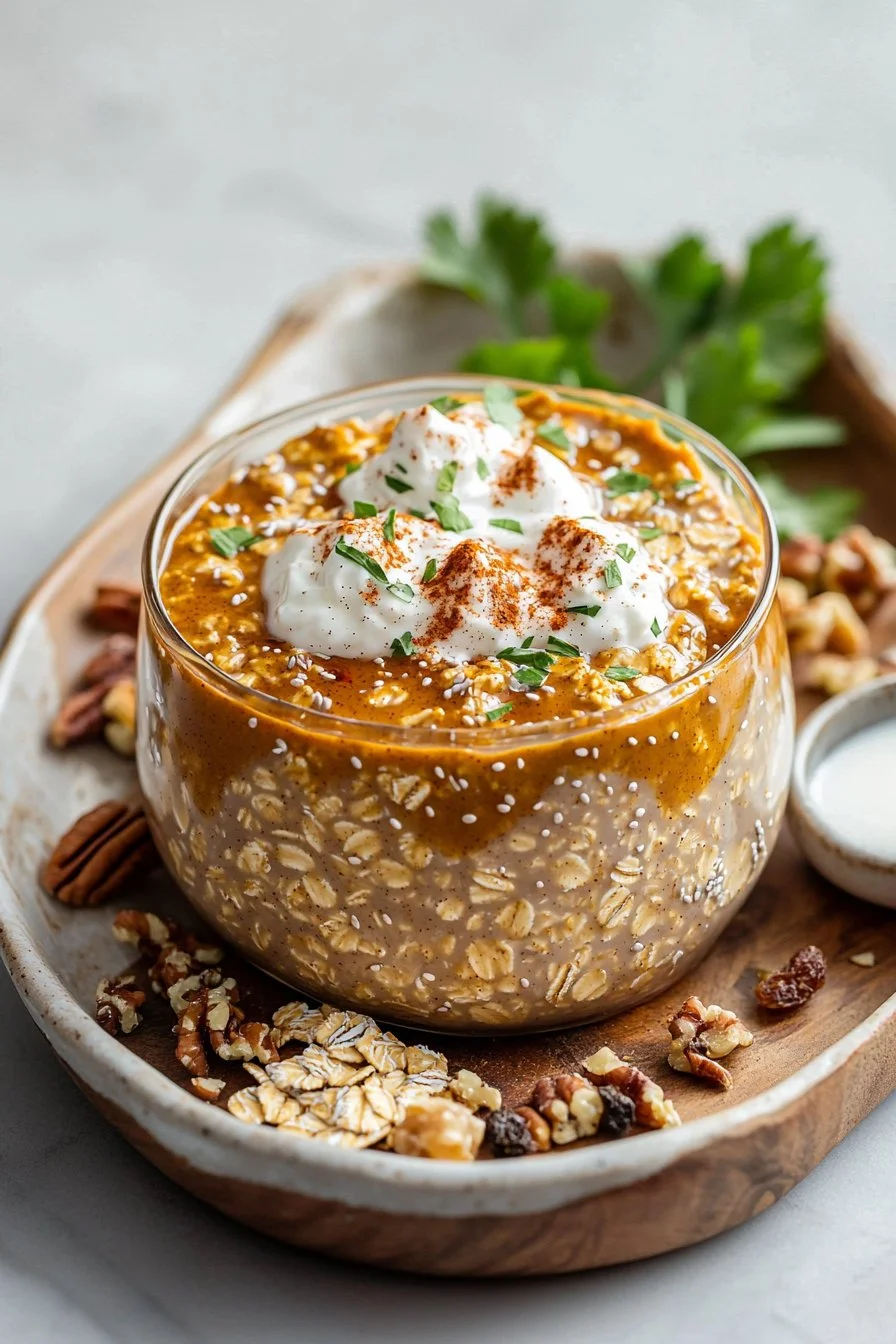 Creamy pumpkin spice overnight oats topped with cinnamon and pumpkin seeds.