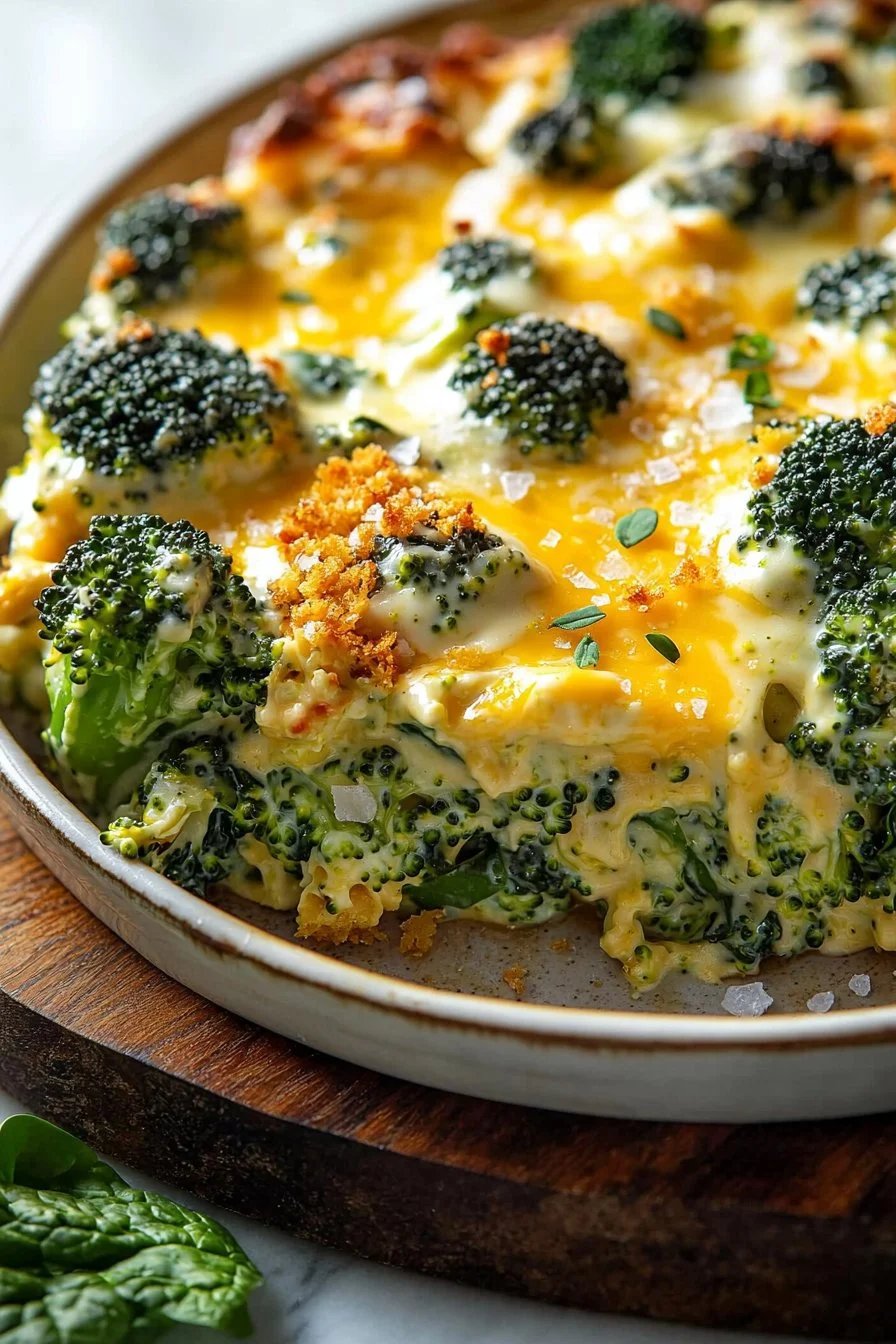 Creamy spinach broccoli cheese casserole baked to perfection