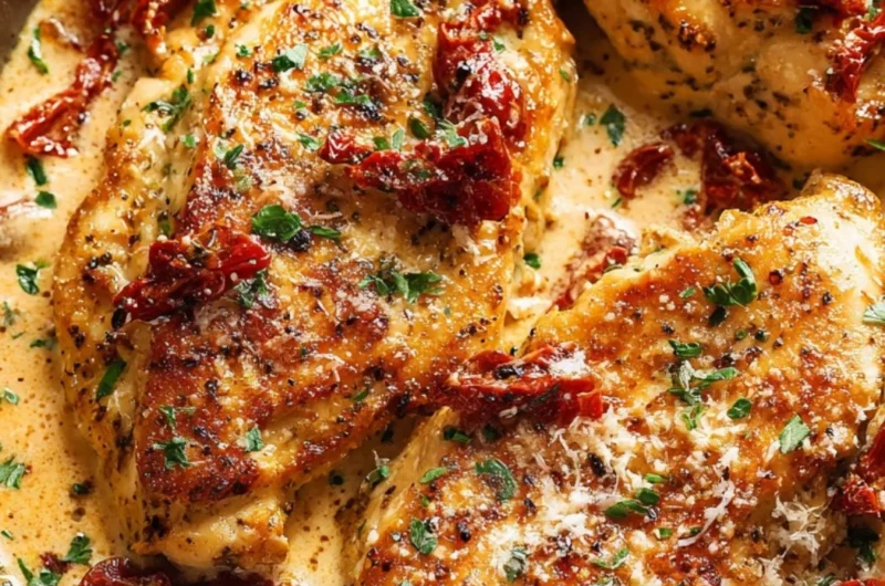 Creamy sun-dried tomato garlic chicken dish served in a pan