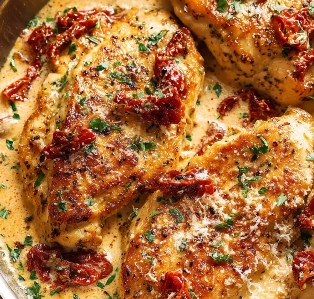 Creamy sun-dried tomato garlic chicken dish served in a pan