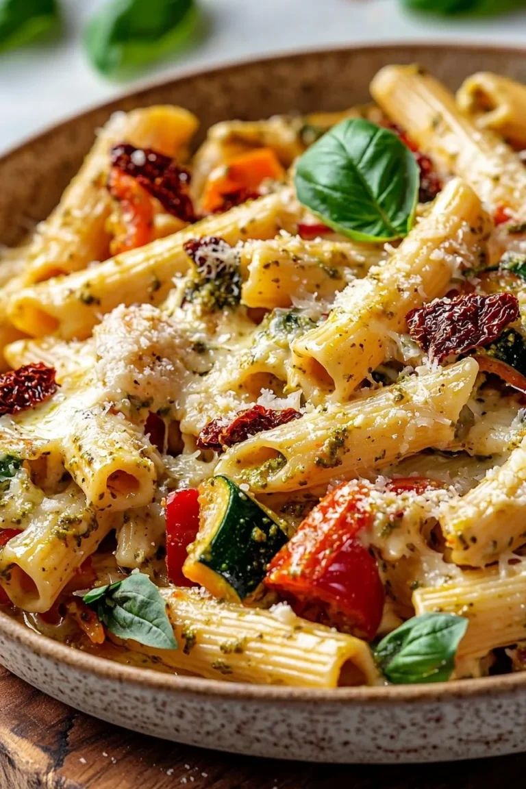 Creamy sundried tomato pesto pasta bake with mixed vegetables in a baking dish