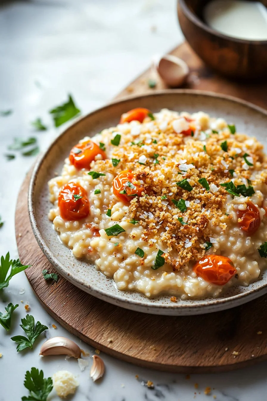 Creamy Tomato Risotto with Crispy Garlic Crumbs