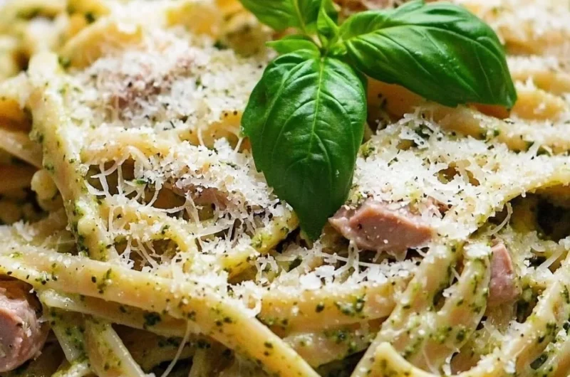 Bowl of creamy tuna pesto pasta topped with herbs and cheese