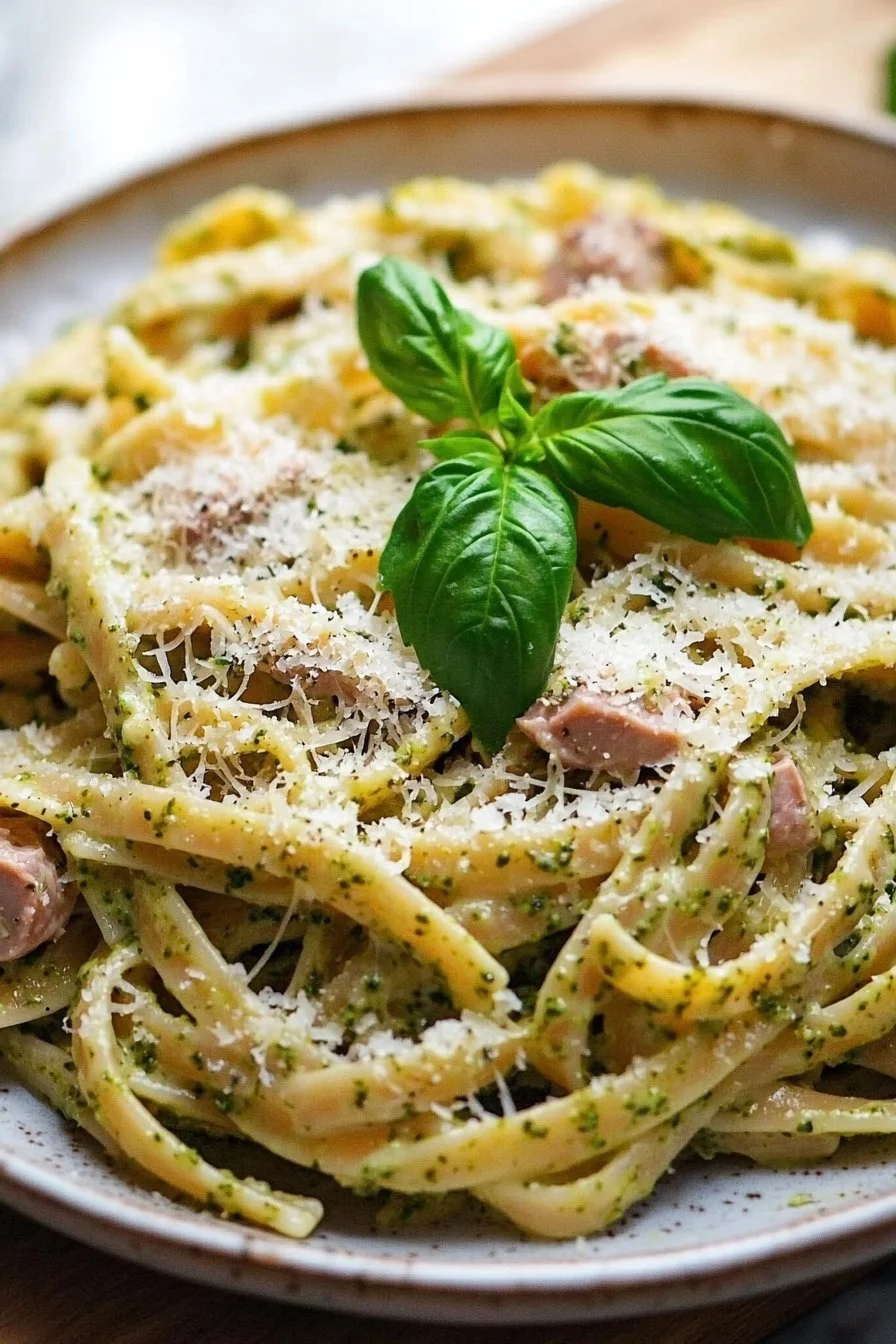 Bowl of creamy tuna pesto pasta topped with herbs and cheese