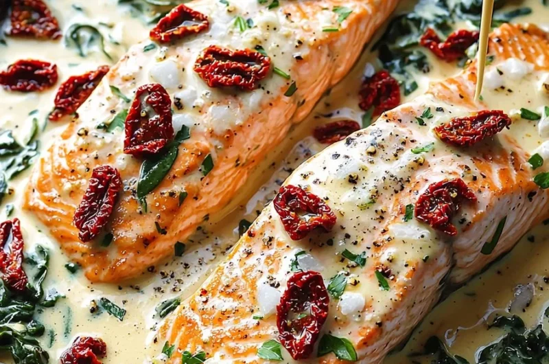 Creamy Tuscan Salmon with Sun-Dried Tomatoes served on a plate