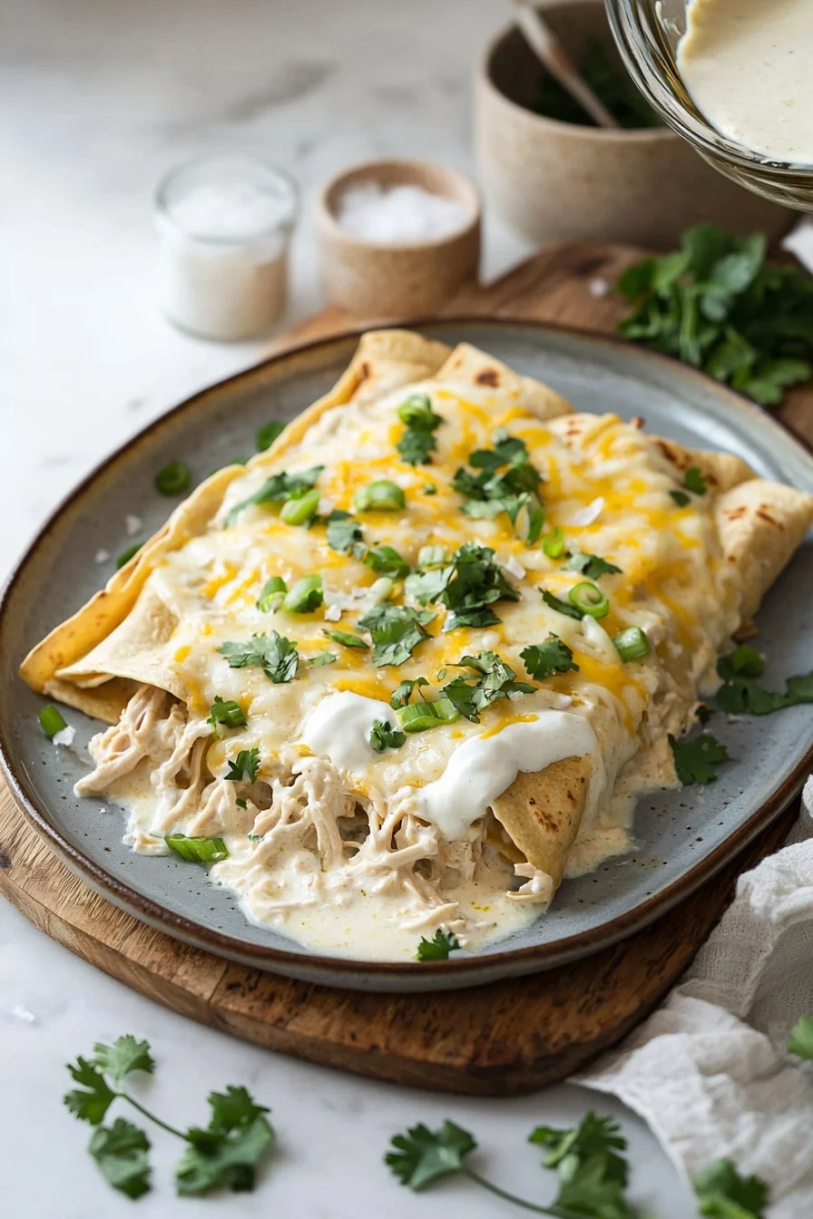 Creamy white chicken enchiladas casserole served on a plate