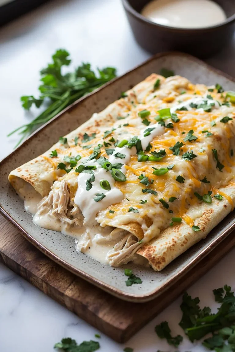 Creamy white chicken enchiladas casserole with melted cheese and toppings