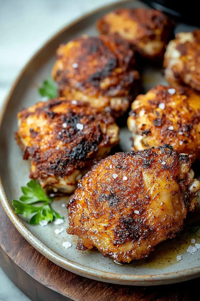 Crispy air fryer chicken thighs served on a plate with herbs
