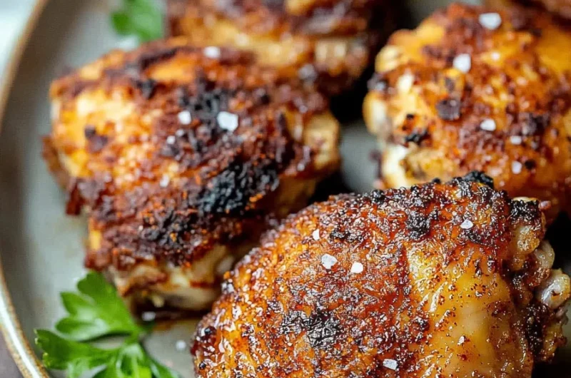 Crispy air fryer chicken thighs served on a plate with herbs
