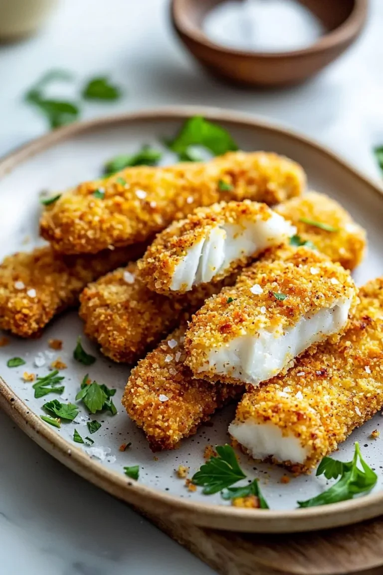 Plate of crispy baked fish sticks served with dipping sauce