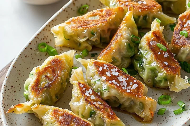 Plate of crispy cabbage dumplings, golden brown and ready to serve.