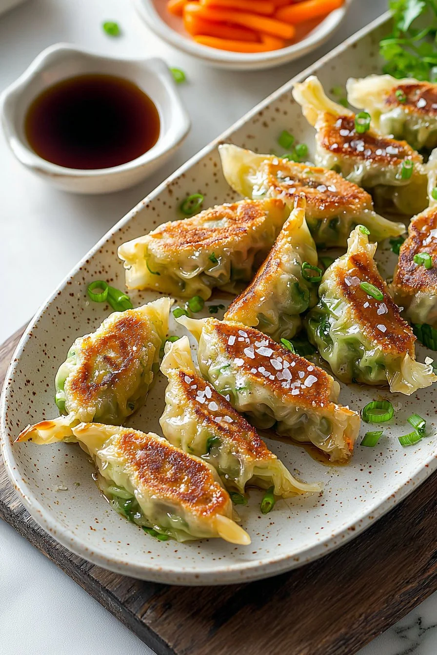 Plate of crispy cabbage dumplings, golden brown and ready to serve.