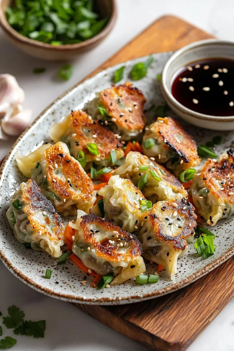 Plate of crispy cabbage dumplings served with soy dipping sauce