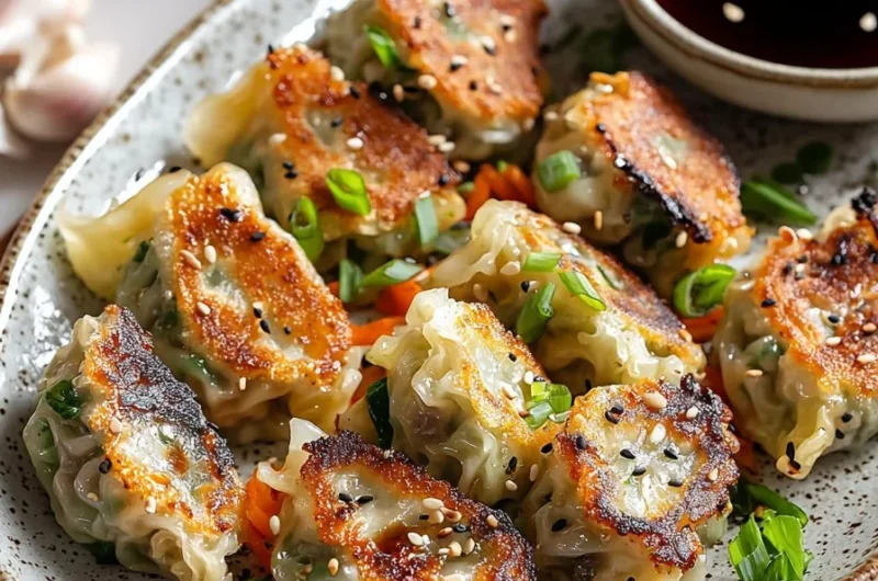 Plate of crispy cabbage dumplings served with soy dipping sauce