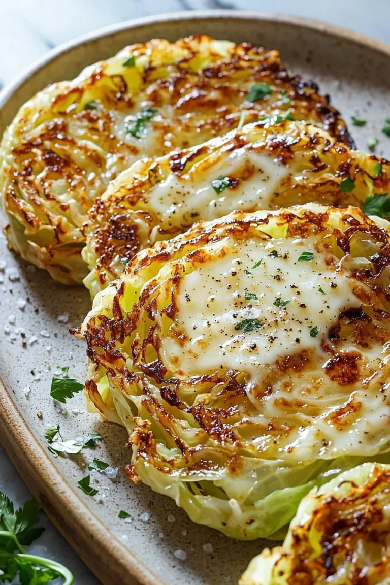 Delicious crispy cabbage steaks topped with melted cheese, served on a plate