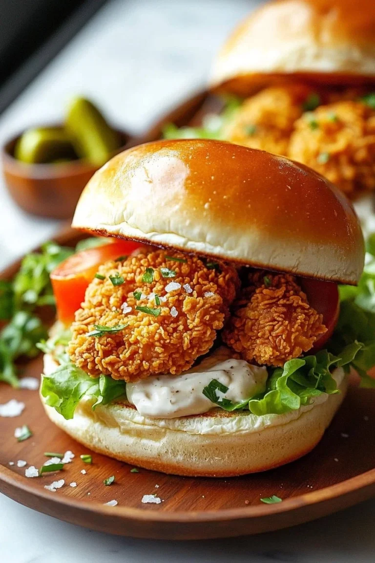 Crispy fried chicken sliders served on a plate with fresh toppings