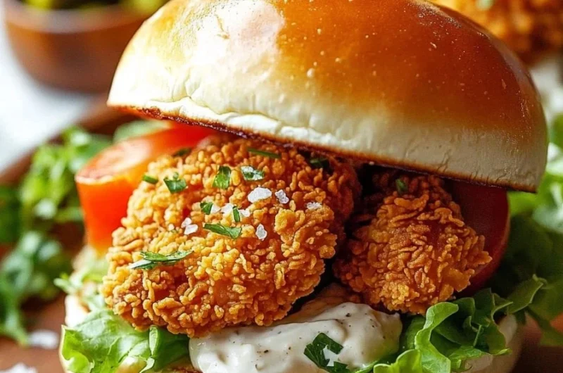 Crispy fried chicken sliders served on a plate with fresh toppings