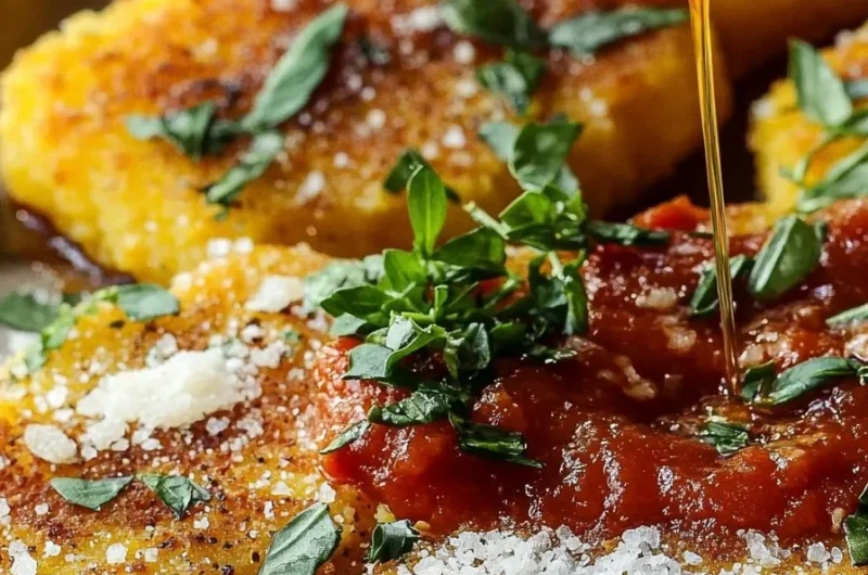 Plate of crispy fried polenta served with marinara sauce