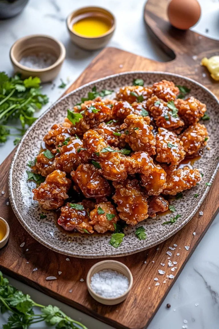 Plate of crispy Honey Chilli Chicken garnished with herbs