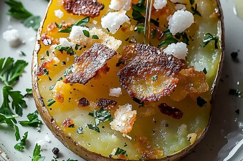 Crispy microwave baked potato garnished with butter and herbs