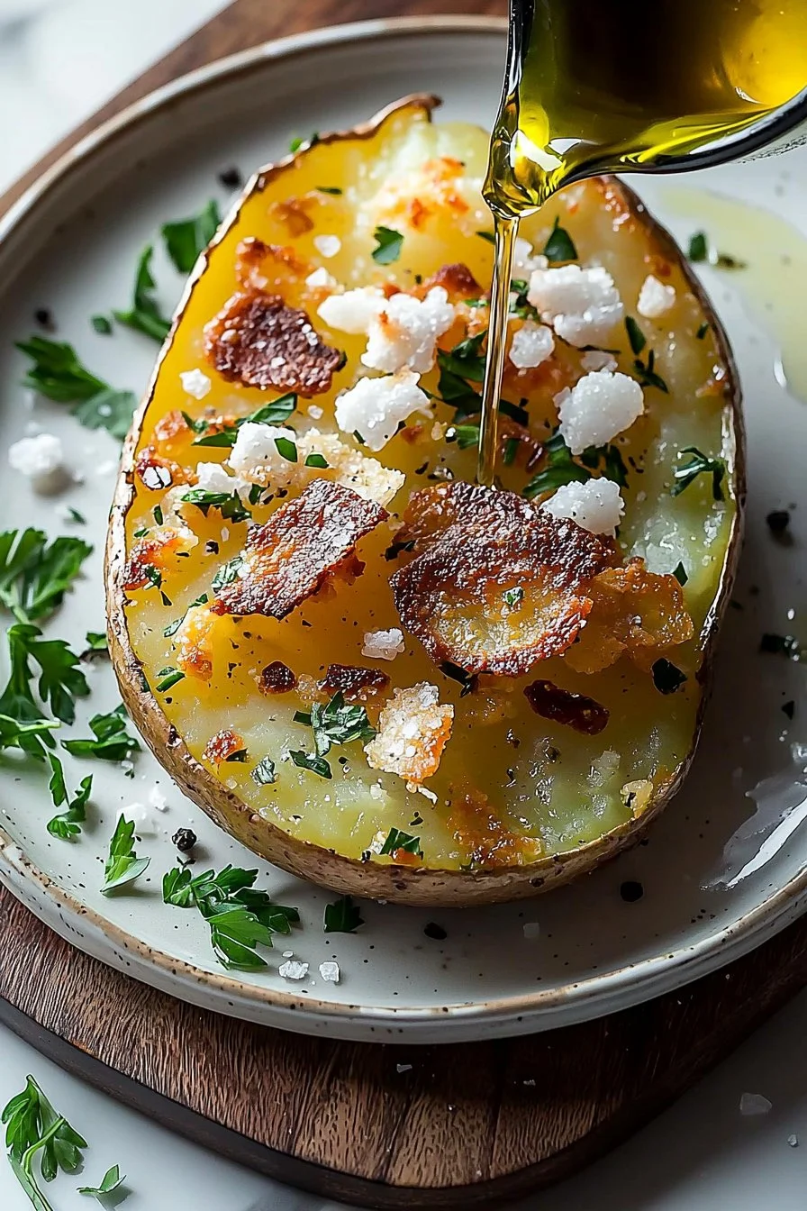 Crispy microwave baked potato garnished with butter and herbs