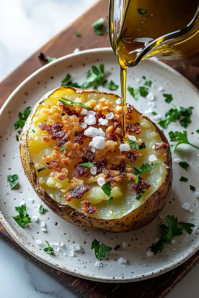 Crispy microwave baked potato on a plate with toppings