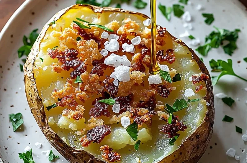 Crispy microwave baked potato on a plate with toppings